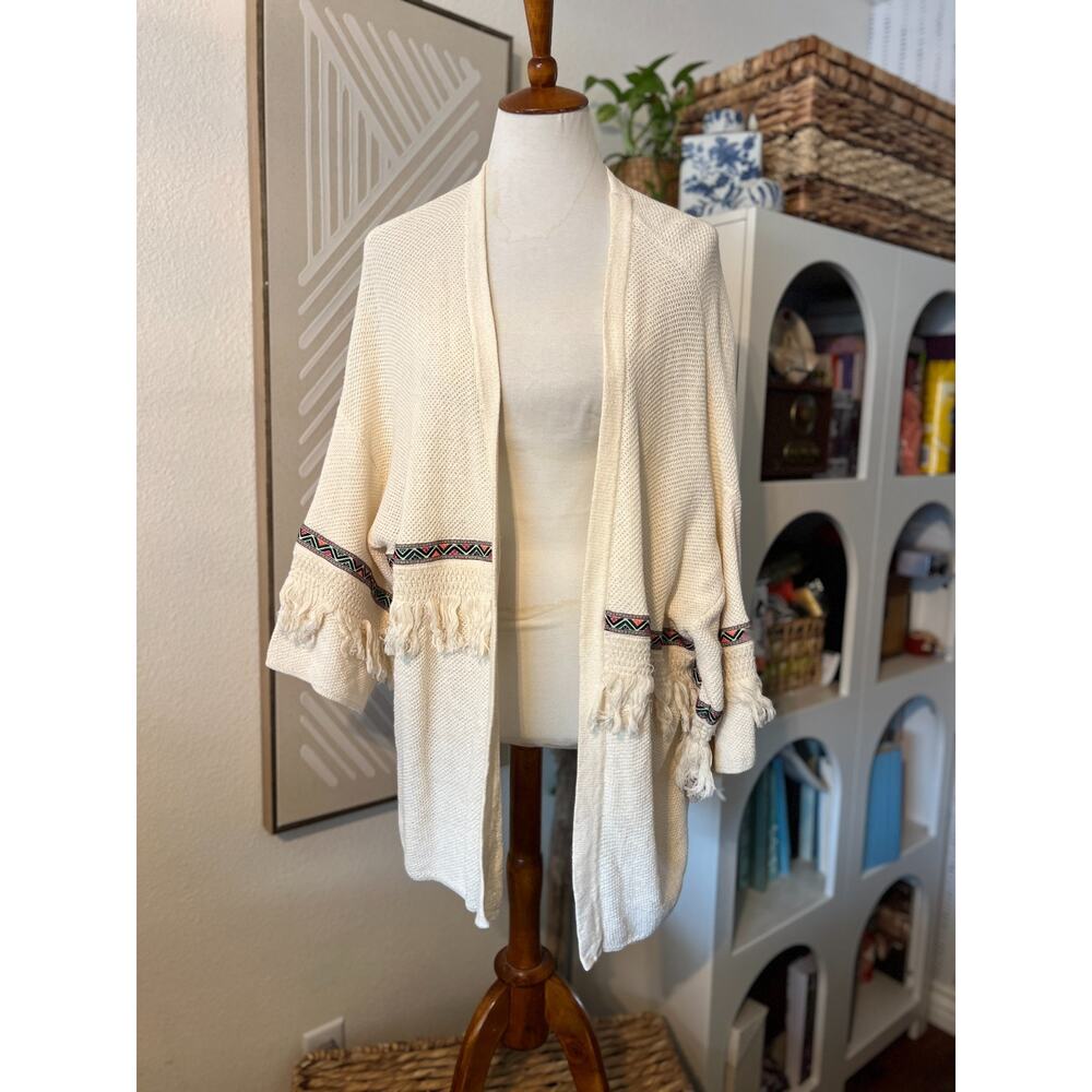 Unbranded Womens Cream Boho Coastal Knit Open Front Cardigan One Size Fringe